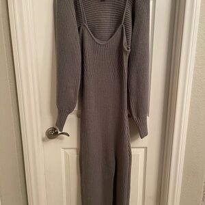 Cider Gray knit dress with Long Sleeve sweater.  Sexy slit, size 1 XL